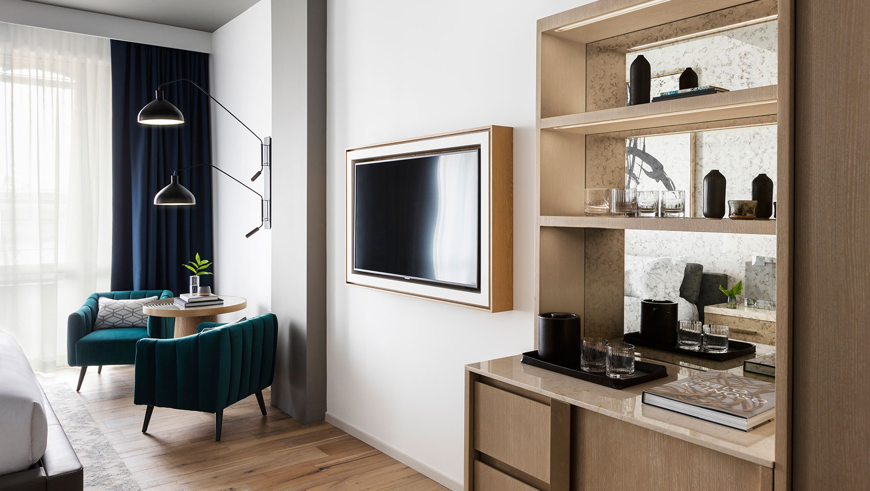 Guestroom desk area and bar at Kimpton Pittman Hotel